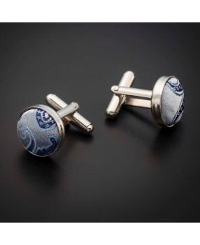 Boutons de manchettes acier & soie - tissu couleur gris argenté à motifs Paisley bleu