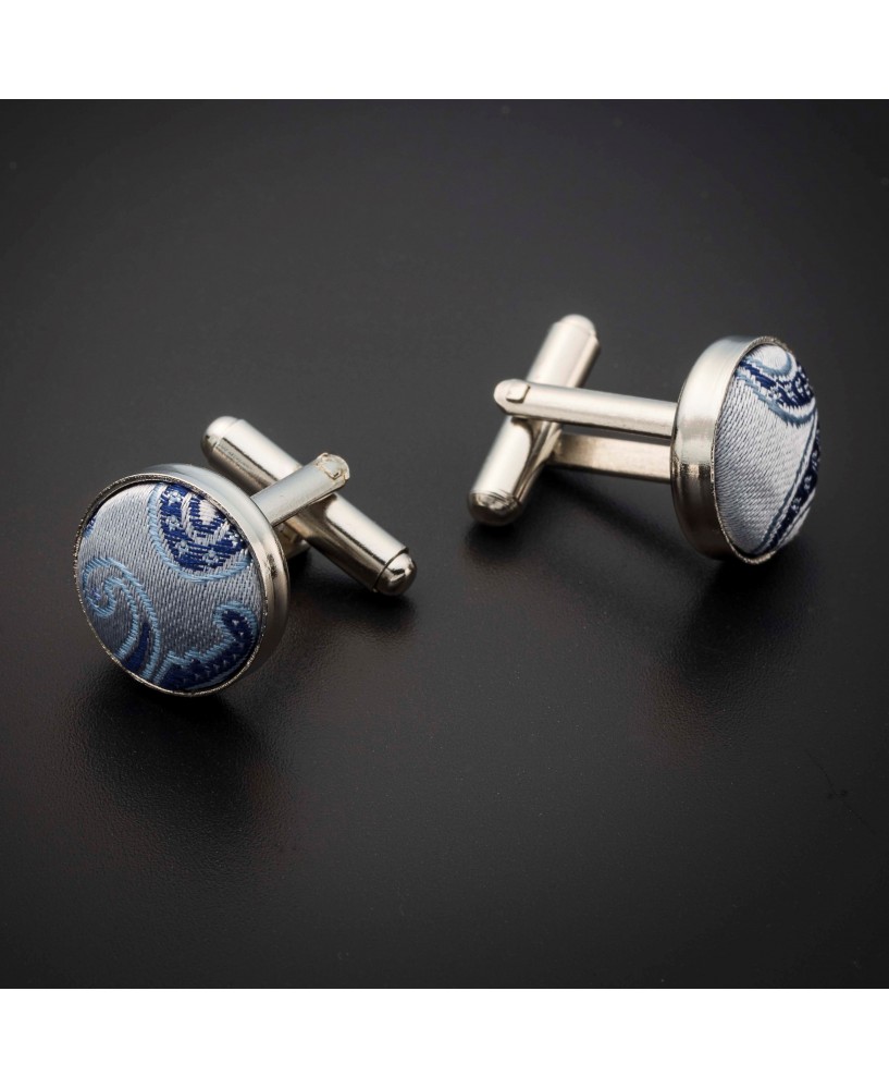 Boutons de manchettes acier & soie - tissu couleur gris argenté à motifs Paisley bleu