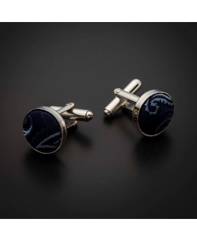 Boutons de manchettes acier & soie - tissu couleur bleu foncé à motifs Paisley bleu clair