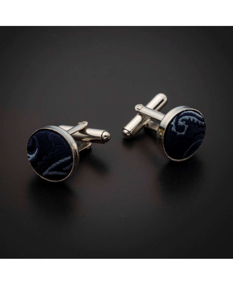Boutons de manchettes acier & soie - tissu couleur bleu foncé à motifs Paisley bleu clair