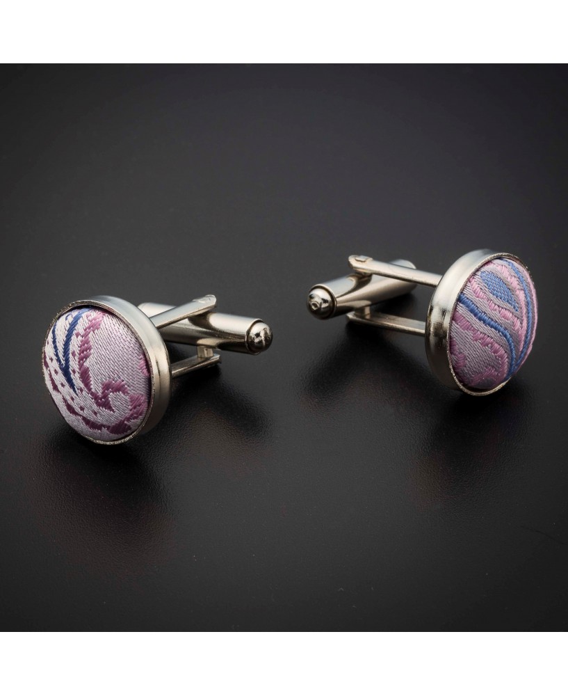 Boutons de manchettes acier & soie - tissu couleur rose à motifs Paisley bleu