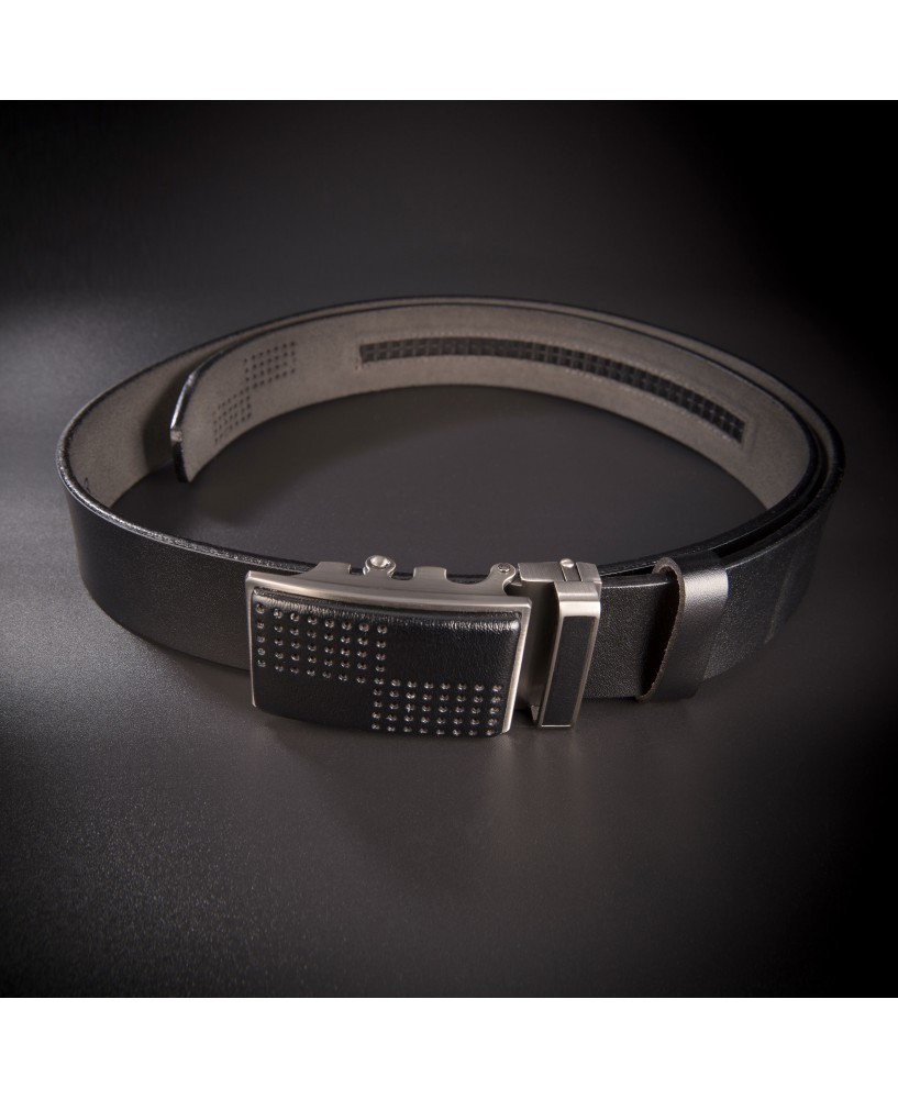 Ceinture à crémaillère pour costume homme - 4,0x130cm - cuir véritable - couleur noir