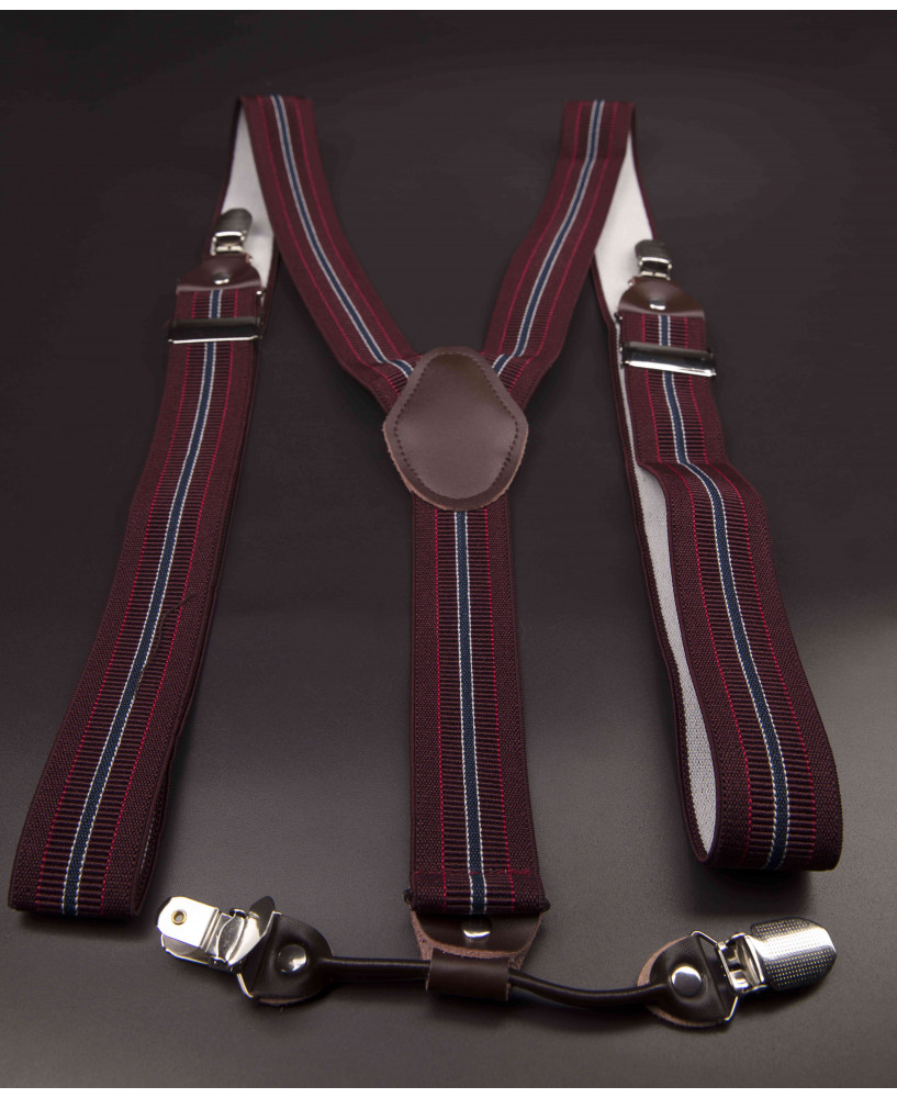 Bretelles - 3,5x120cm - cuir véritable & élasthanne - couleur bordeau rayé
