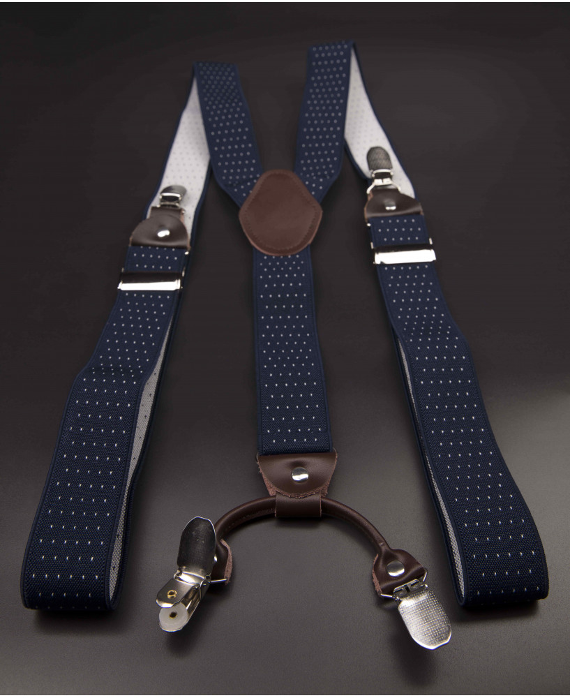 Bretelles - 3,5x120cm - cuir véritable & élasthanne - couleur bleu à points blancs