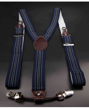 Bretelles - 3,5x120cm - cuir véritable & élasthanne - couleur bleu rayé (rayures bleu clair et blanches)