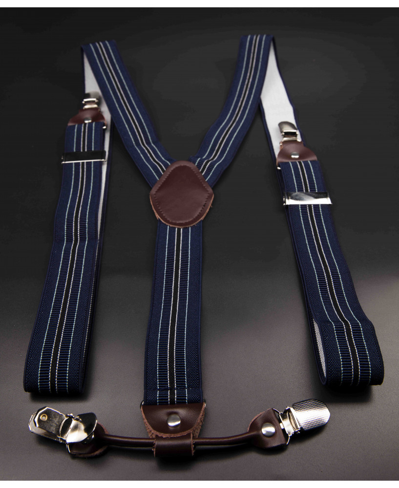 Bretelles - 3,5x120cm - cuir véritable & élasthanne - couleur bleu rayé (rayures bleu clair et blanches)