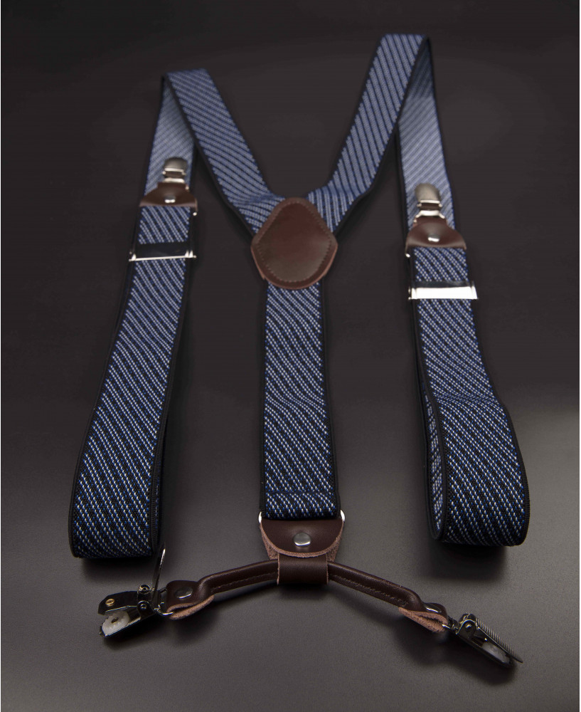 Bretelles - 3,5x120cm - cuir véritable & élasthanne - couleur bleu à rayures diagonales blanches